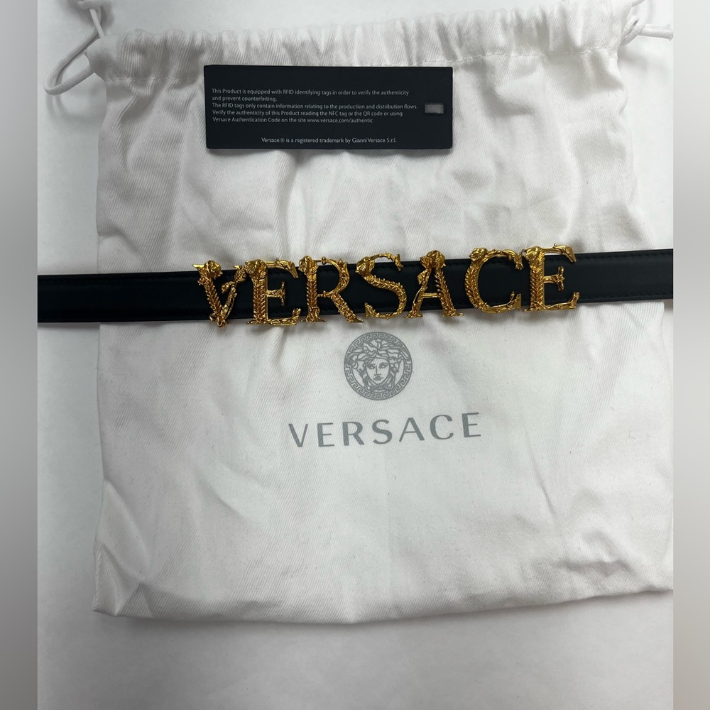 Versace Black Belt with Gold Logo Letters